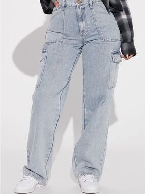 Fashion Nova Light Blue Cargo Wide-Leg Jeans